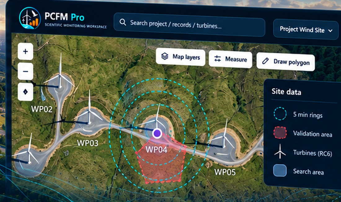 Conceptual GIS and DWP workspace showing turbine plots, rings and monitoring map